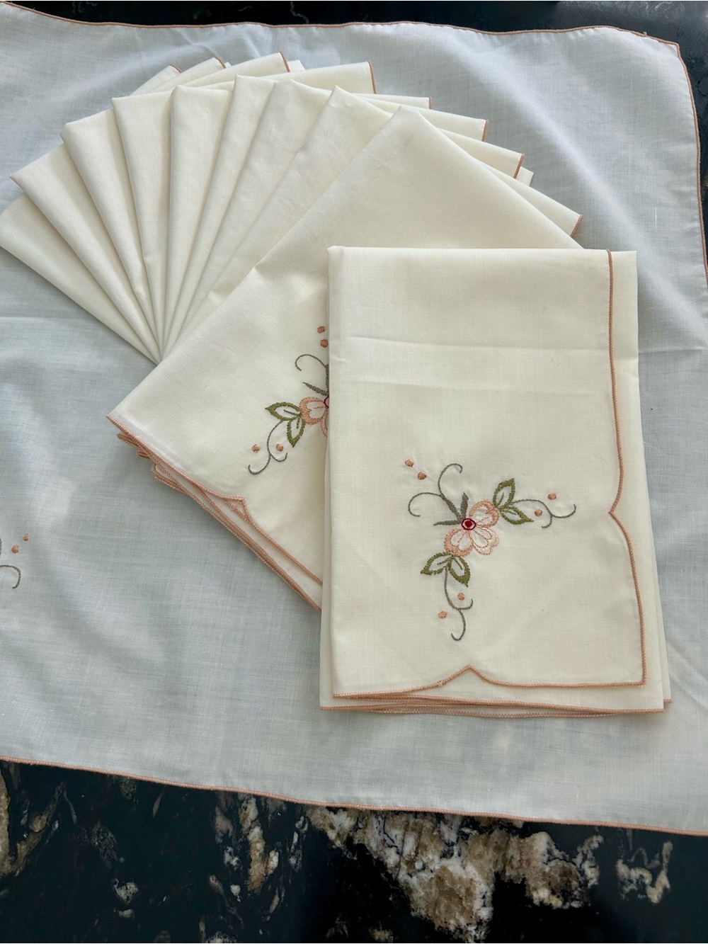 Embroidered Floral Ivory Dinner Napkins with gold-beige Trim - Set of 11